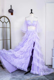 Two Piece Lavender Off the Shoulder Ruffles Prom Dress with Slit PSK469-Pgmdress