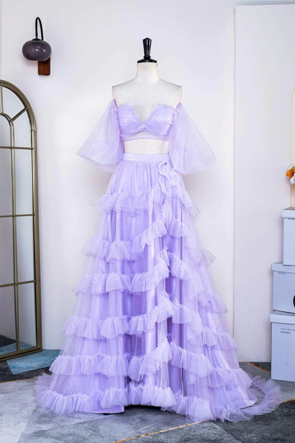 Two Piece Lavender Off the Shoulder Ruffles Prom Dress with Slit PSK469-Pgmdress