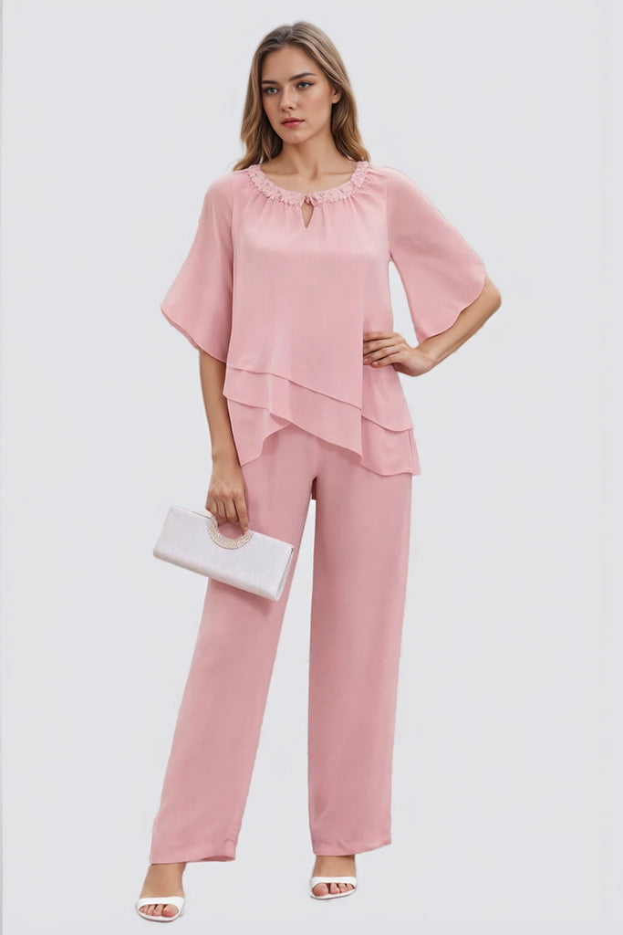 Two Piece Pink Chiffon Beaded Mother of the Bride Dress Pant Suits-Pgmdress