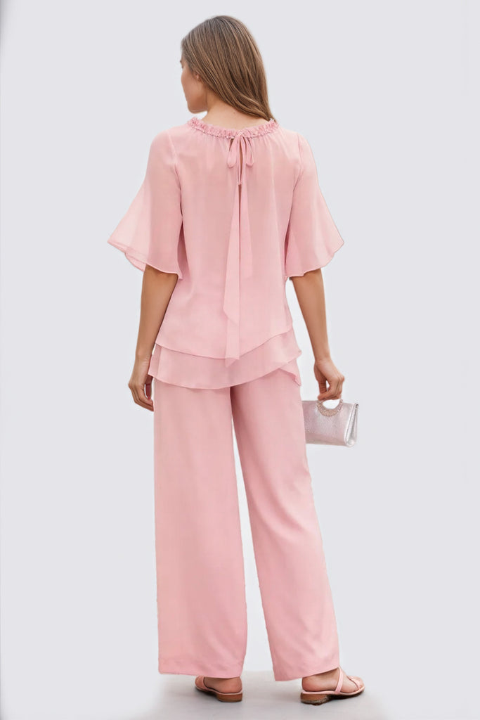 Two Piece Pink Chiffon Beaded Mother of the Bride Dress Pant Suits-Pgmdress