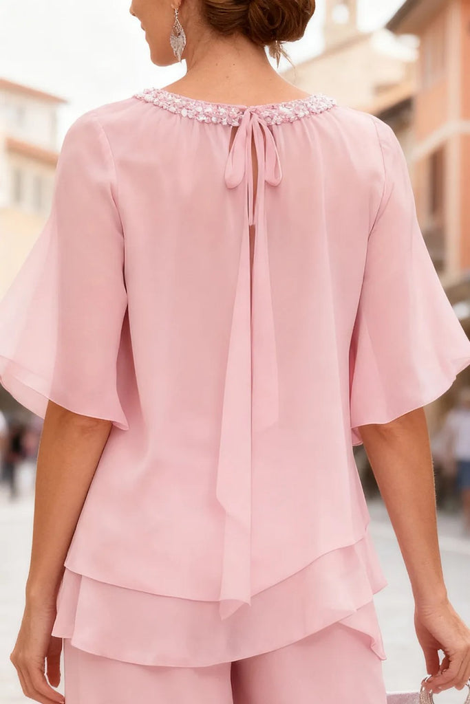 Two Piece Pink Chiffon Beaded Mother of the Bride Dress Pant Suits-Pgmdress