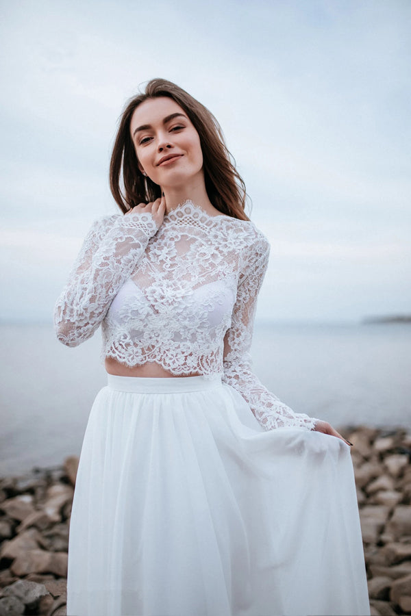 Two Piece Simple White Chiffon Beach Wedding Dress Bridal Gown-Pgmdress