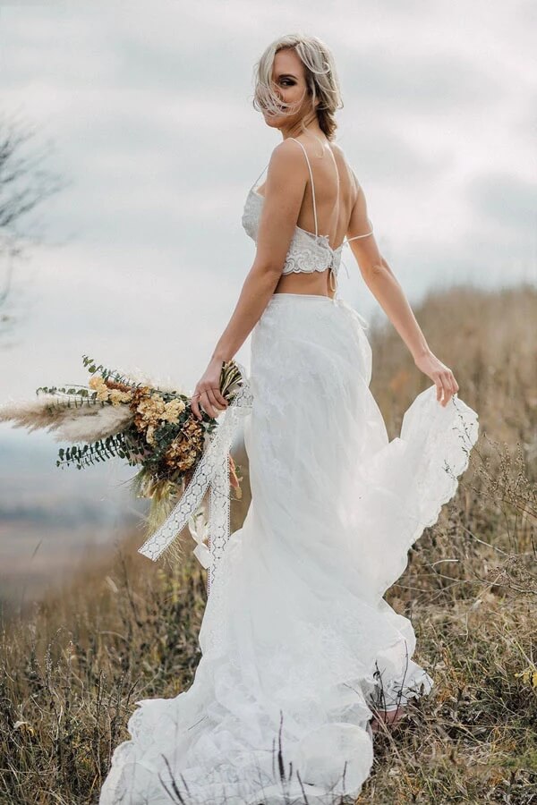 Two Pieces Lace Appliques Spaghetti Straps Wedding Dresses Bridal Gown WD628-Pgmdress