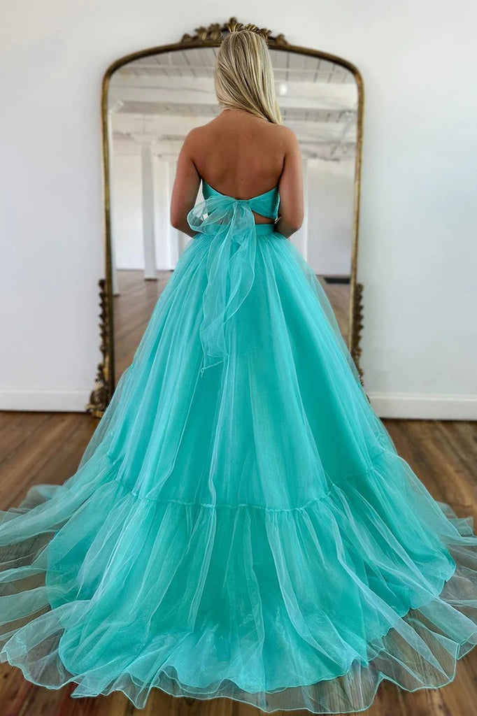 Unique Off Shoulder A-line Mint Green Tulle Prom Long Formal Dress  PSK452-Pgmdress