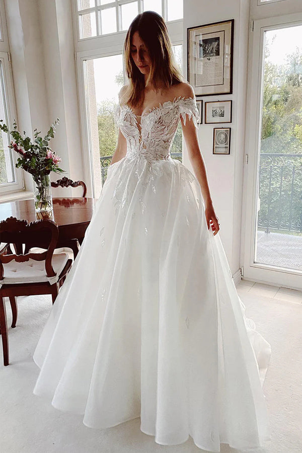 Unique Off The Shoulder Appliques Rustic Lace Wedding Dress WD683 US2 / As Picture