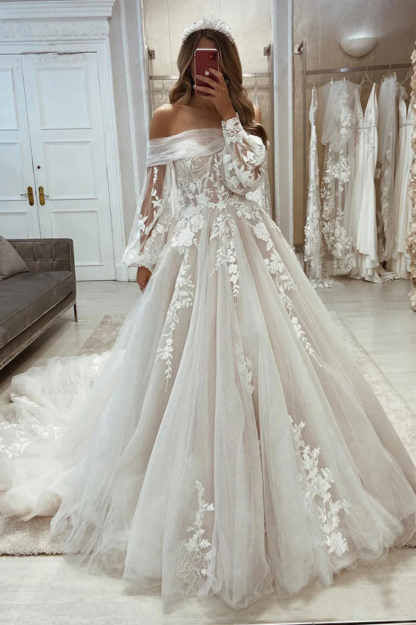 Unique Off the Shoulder Long Sleeves Princess Wedding Dress WD728 US14 / Ivory Unique Off the Shoulder Long Sleeves Princess Wedding Dress WD728 US14 / Ivory