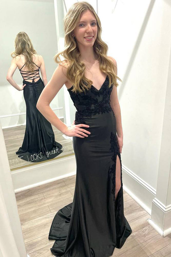 V-Neck Lace-Up Mermaid Black Prom Dress with Slit PSK550 - Custom Size / Black V-Neck Lace-Up Mermaid Black Prom Dress with Slit PSK550 - Custom Size / Black