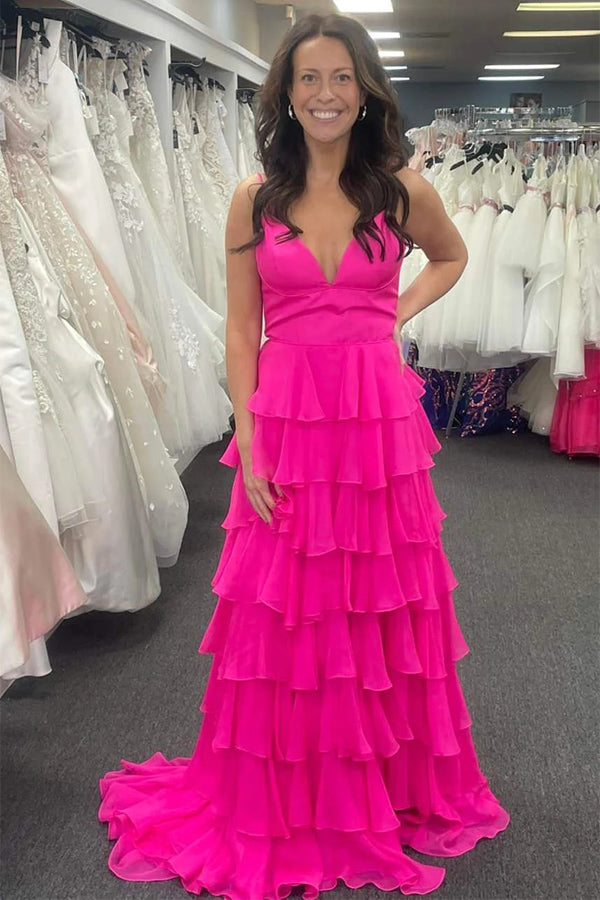 pink ruffle chiffon dress 240814 Womens Pink Chiffon Maxi Dress - Layered Ruffles, Backless 3D Flower Design, Long Straps