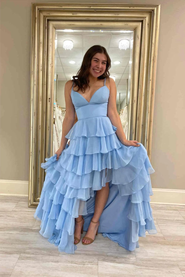 V-Neck Straps Fuchsia Ruffle Chiffon Prom Dress with Slit PSK470 Custom Size / Light Blue V-Neck Straps Fuchsia Ruffle Chiffon Prom Dress with Slit PSK470 Custom Size / Light Blue