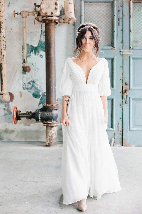 V-neck Half-sleeve Empire Simple Chiffon Casual Wedding Dress WD711 US6 / Custom Color V-neck Half-sleeve Empire Simple Chiffon Casual Wedding Dress WD711 US6 / Custom Color