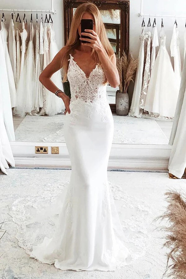 V Neck Mermaid Spaghetti Straps White Wedding Dress WD736 US2 / White V Neck Mermaid Spaghetti Straps White Wedding Dress WD736 US2 / White