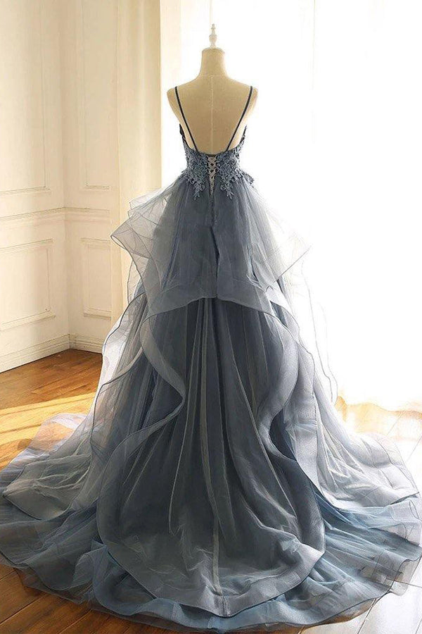 V Neck Ruffles Gray Blue Long Prom Dress Organza Evening Dress PSK016-Pgmdress