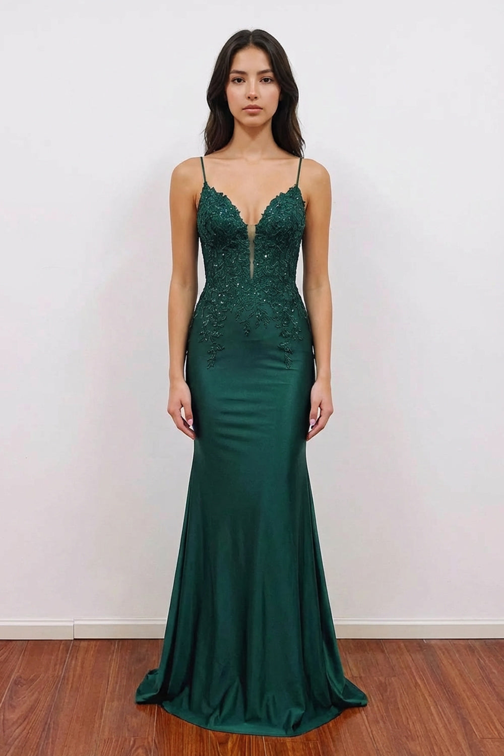 V Neck Satin Mermaid Dark Green Long Prom Dress with Appliques PSK607 –  Pgmdress