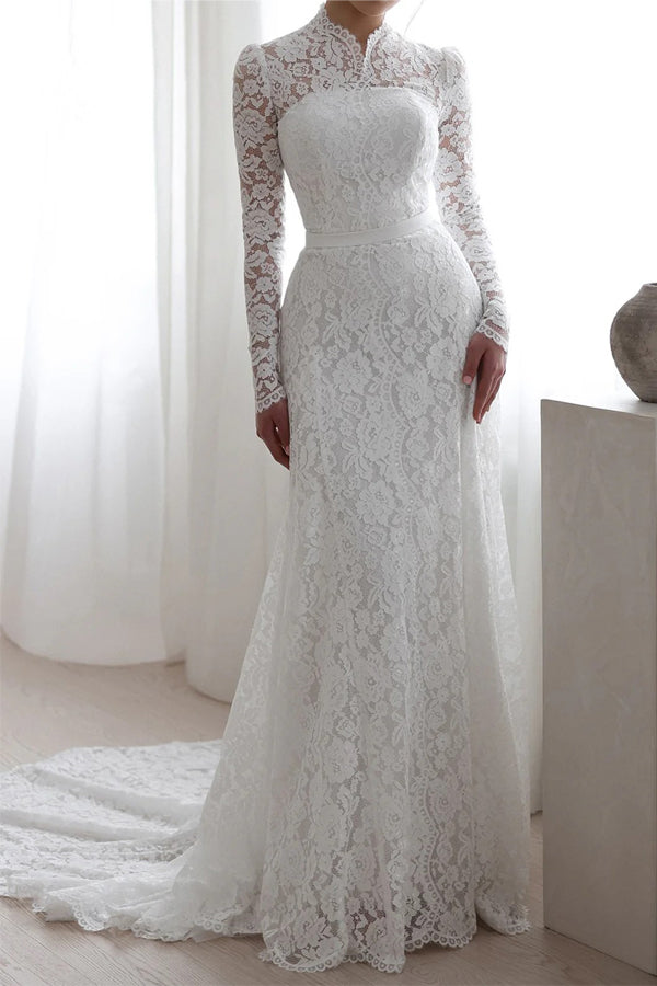 Vintage Wedding Dress High Neck Long Sleeves White Lace Bridal Gown-Pgmdress