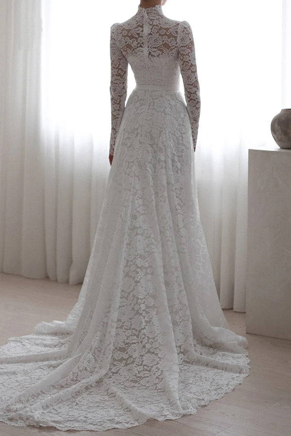 Vintage Wedding Dress High Neck Long Sleeves White Lace Bridal Gown-Pgmdress