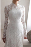 Vintage Wedding Dress High Neck Long Sleeves White Lace Bridal Gown-Pgmdress