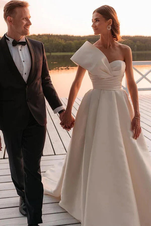 Vintage Wedding Dress One Shoulder Bridal Gown With Court Train WD729-Pgmdress