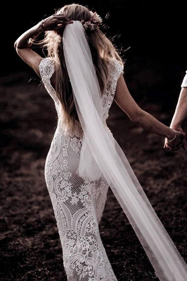 Vintage Lace Rustic Wedding Dresses Cap Sleeve Boho Wedding Gowns WD548-Pgmdress