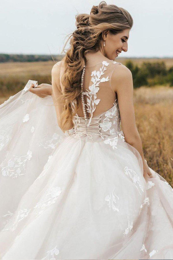 Vintage Lace Scoop Neckline A Line Tulle Wedding Bridal Dress WD531-Pgmdress