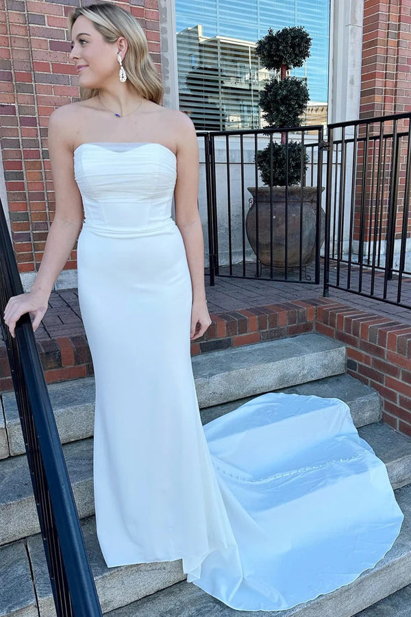 Weißes trägerloses Meerjungfrau-Brautkleid, lang, schlicht, WD705
