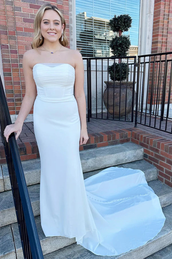 Weißes trägerloses Meerjungfrau-Brautkleid, lang, schlicht, WD705