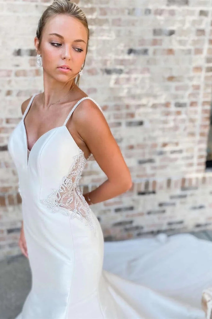 White V-Neck Beading Trumpet Long Wedding Dress Bridal Gown WD661-Pgmdress