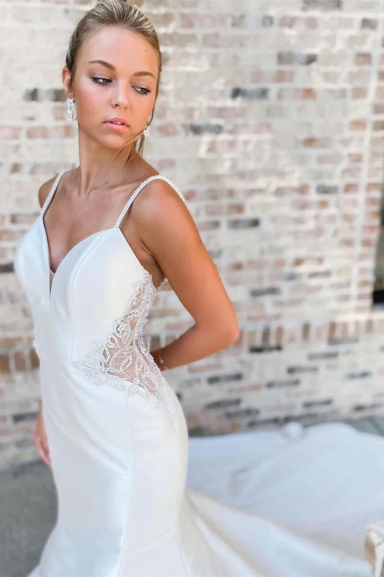 White V-Neck Beading Trumpet Long Wedding Dress Bridal Gown WD661-Pgmdress