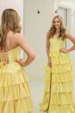 Yellow Strapless Ruffle Long Prom Dress Party Dress with Split PSK723-Pgmdress