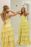 Yellow Strapless Ruffle Long Prom Dress Party Dress with Split PSK723-Pgmdress