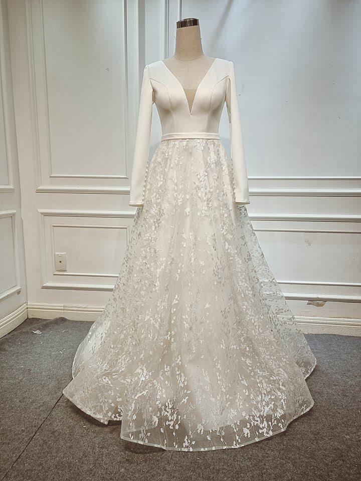 A Line Elegant Long Sleeves V Neck Beach Wedding Dress Bridal Gown WD551 - Pgmdress