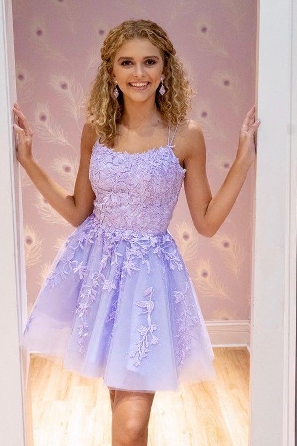Straps Lace Applique Blue Homecoming Dress Short Prom Dress US2 / Lavender Straps Lace Applique Blue Homecoming Dress Short Prom Dress US2 / Lavender
