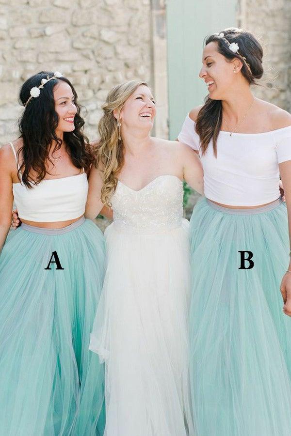 Two Piece Spaghetti Straps Sweep Train Mint Tulle Bridesmaid Dress BD082 - Pgmdress