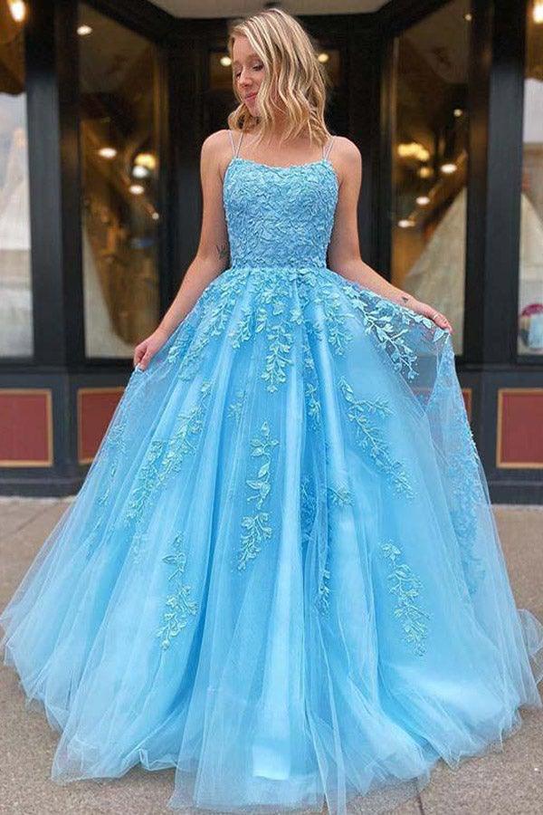 A-line Round Neck Tulle Lace Yellow Prom Dress Formal Dress PSK032 US2 / Blue A-line Round Neck Tulle Lace Yellow Prom Dress Formal Dress PSK032 US2 / Blue