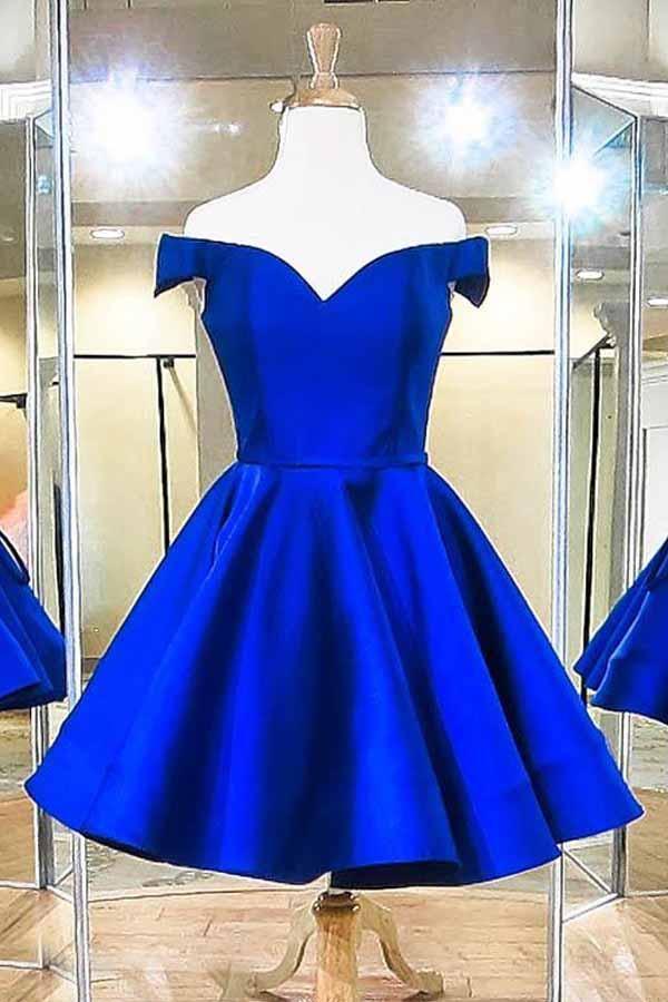 2018 Fashion Off The Shoulder Royal Blue Satin Homecoming Dresses