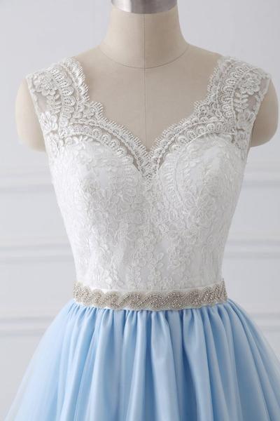 Lace Straps A line Blue Skirt Long Evening Prom Dresses PG583 - Pgmdress