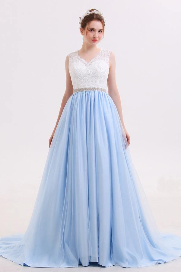 Lace Straps A line Blue Skirt Long Evening Prom Dresses PG583 - Pgmdress