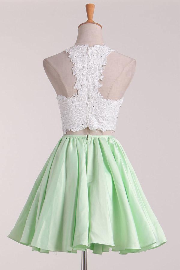 Two-Piece Scoop Homecoming Dresses A Line Satin With Applique PD411 - Pgmdress