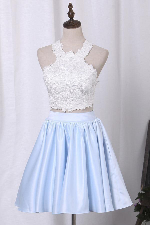 Two-Piece Scoop Homecoming Dresses A Line Satin With Applique US2 / Lavender Two-Piece Scoop Homecoming Dresses A Line Satin With Applique US2 / Lavender