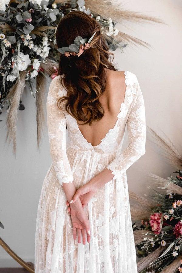 A-line Scoop Neck Long Sleeves Lace Weddding Dress Bridal Gown WD503 - Pgmdress