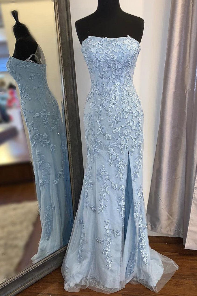 Mermaid Strapless Sky Blue Split Prom/Formal Dress With Lace PSK075 - Pgmdress
