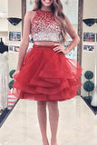 A-line Beaded Top Burgundy Organza Two Piece Homecoming Dresses PD170 - Pgmdress