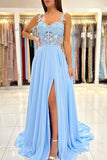 Robe de bal longue bleue en mousseline de soie et dentelle, coupe trapèze, robe de soirée formelle PSK332