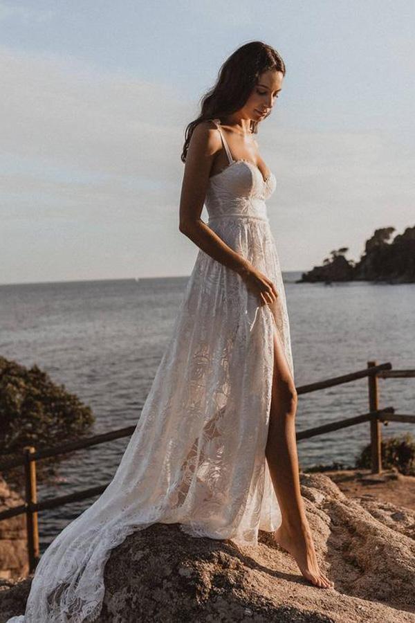 A-Line V-Neck Spaghetti Straps Lace Beach Wedding Dress WD566 US0 / Ivory A-Line V-Neck Spaghetti Straps Lace Beach Wedding Dress WD566 US0 / Ivory