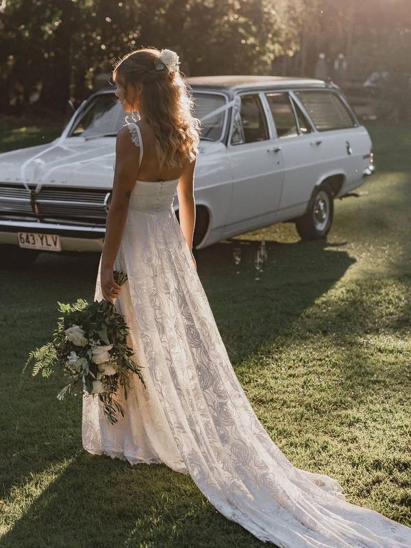 A-Line Lace Backless V-Neck Spaghetti Straps Lace Beach Wedding Dress WD566 - Pgmdress