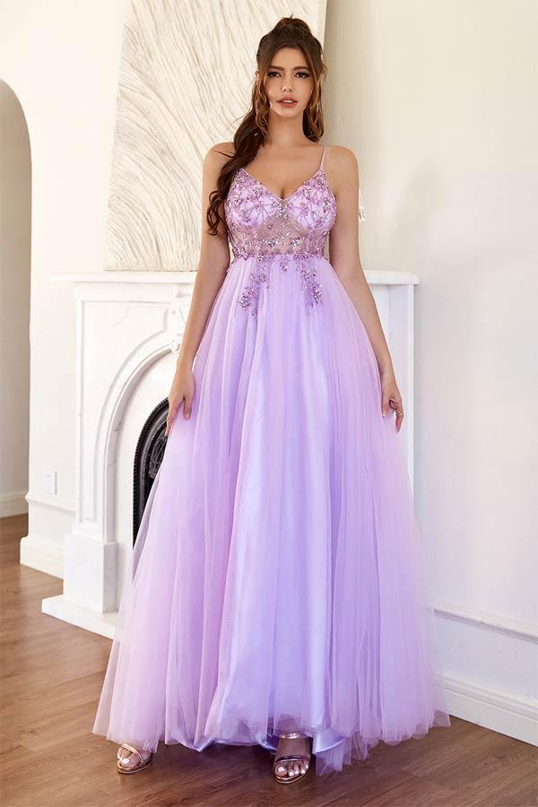 A-Line Lilac Tulle Split Long Prom Formal Dress With Beading PSK324 Custom Size / Custom Color A-Line Lilac Tulle Split Long Prom Formal Dress With Beading PSK324 Custom Size / Custom Color