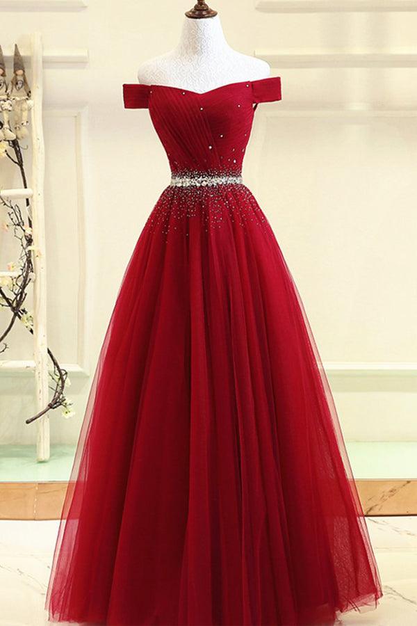 A-line Off The Shoulder Burgundy Tulle Prom Dress With Beading Pgmdress