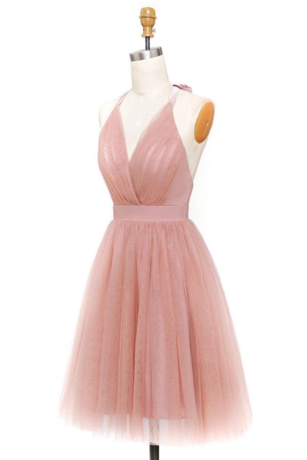 A-Line Pink Tulle Deep V-neck Backless Pleats Mini Homecoming Dress PD440 - Pgmdress