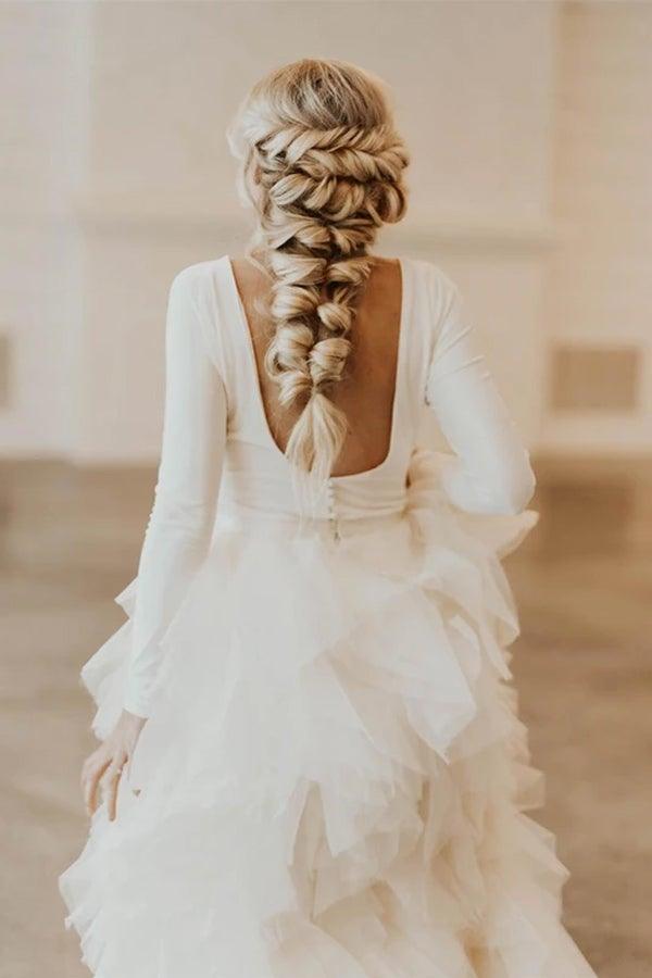 A-Line Round Neck Court Train Tulle Wedding Dress with Long Sleeves WD307 - Pgmdress