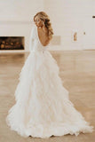 A-Line Round Neck Court Train Tulle Wedding Dress with Long Sleeves WD307 - Pgmdress