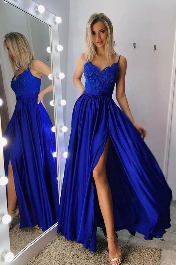 A-Line Spaghetti Straps Long Gray Prom Party Dress with Lace Sequins PSK029 - Pgmdress